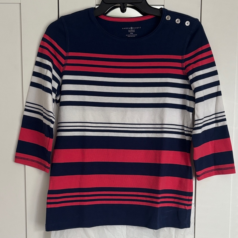 Karen Scott sport petite Navy and Red Striped Top medium good condition